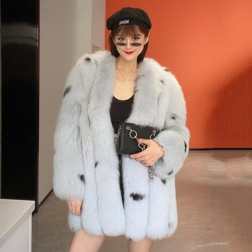Winter Women Fur Coat Korean Polka Dot Real Fox Fur Jacket Long Blue MJF-FC-13