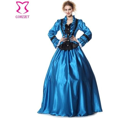 Blue/Black Satin Gothic Lolita Ball Gown Carnival Party Dress Cosplay Civil War Victorian Period Costume Halloween Sexy Costumes