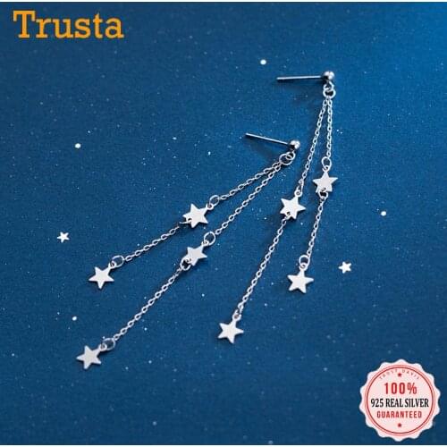 TrustDavis Real 925 Sterling Silver Fashion Sweet Tassel Chain Star Charm Stud Earrings For Women Wedding Party Jewelry DB005