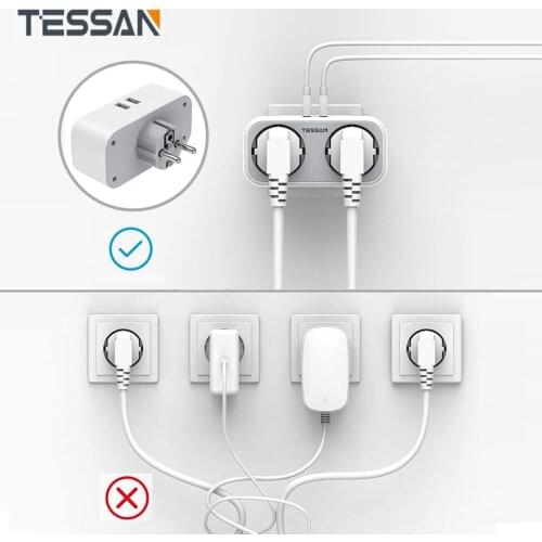 TESSAN EU Power Strip Socket with 2 USB Ports and 2 AC Outlets Travel Power Strip EU plug Overload Protection Extension Sockets