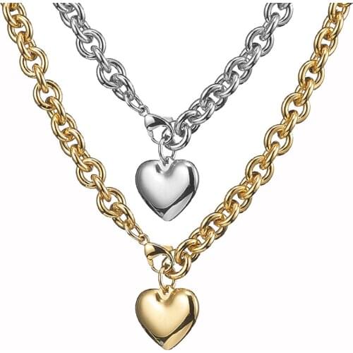 Granny Chic Simple Stainless Steel 8mm Oval Link Chain Women Necklace With Gold Color Heart Pendant