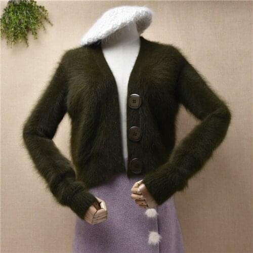 Ladies women fashion hairy plush mink cashmere knitted short style crop top loose cardigans angora fur jacket coat sweater pull