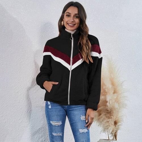 Winter Plush Striped Zipper Jacket Women Elegant Loose Black Warm Patchwork Coats Korean Fashion Turtleneck Woman Clothing 2021