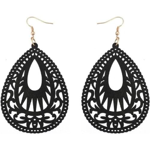 ZWPON Fashion Teardrop Hollow Wooden Drop Earrings Printed Teardrop Wooden Drop Earrings for Woman Female Jewelry