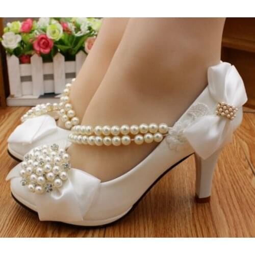 Luxury crystal rhinestones wedding shoes woman HS004 high heels platforms bow bowtie pearls brides wedding shoes white