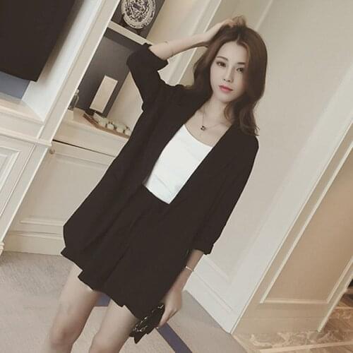 Womens Suit Korean Temperament Thin Plaid Suits Nine-point Sleeve Suit Elastic Band Shorts Two Piece Sets 2021 Spring Summer