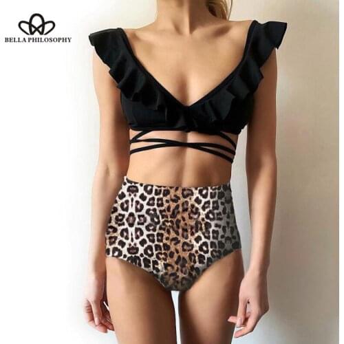 Bella philosophy women fashion Bra Bikini lace-up sexy swimsuit summer Push-up Leopard Triangle Swimwear ruffle Two-Piece Suit