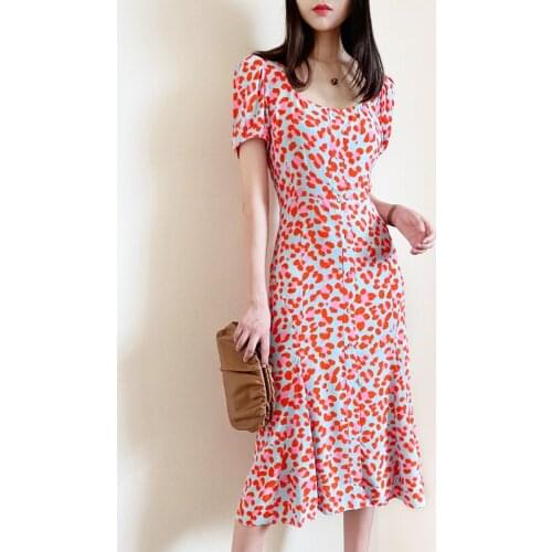 Spirng/Summer Square Collar Blue Leopard Short Sleeves Sexy Midi Dress US2-10