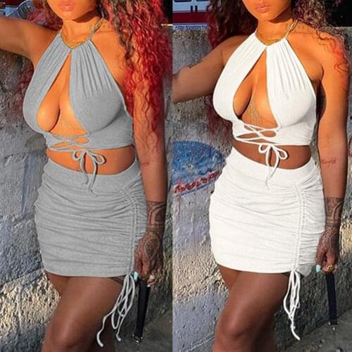 2Pcs/Set Skirt Suits Breathable Comfortable Polyester High Elastic Halter Sleeveless Ruched Crop Top Set for Party