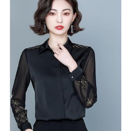 2021 Spring Autumn Flower Chiffon Shirt Women Blouse Elegant Dragonfly Embroidered Shirt Plus Size Office Ladies Work Shirt Tops