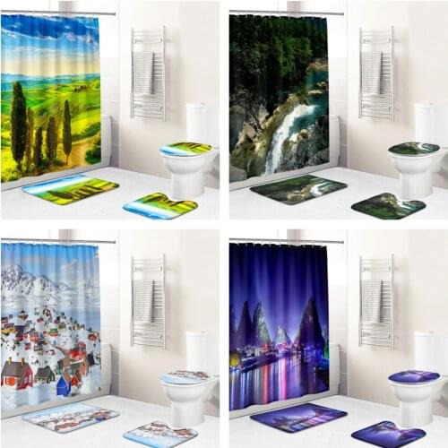 3Dmodern Realistic Landscape Waterproof Fabric Bathroom Accessories Shower Curtain Cover Non Slip Carpet Bathroom Cover Bath Pad