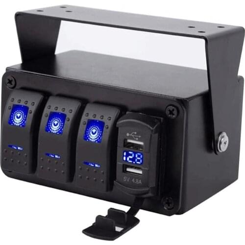 3 Gang Rocker Toggle Switch Panel ​with 4.8 a Dual USB Fast Charge & Voltmeter Marine Boat Truck Car 12V-24V Blue Led