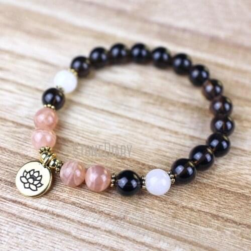 WMB36732 Smoky Quartz Sunstone Moonstone Mala Bracelet Lotus Pendant Japa Meditation Beads Healing Crystals Pearl Bracelet