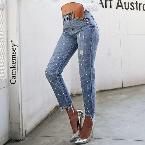 CamKemsey Fringe Tassel Ripped Jeans For Women 2018 Spring Autumn High Waist Pearl Beaded Frayed Jeans Woman Blue Denim Pants