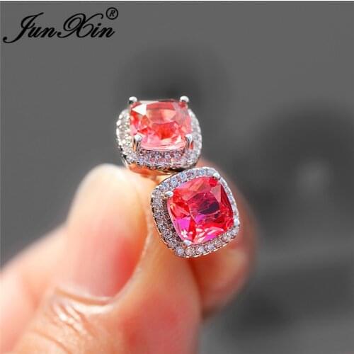 Girls Cute Pink Yellow Gradient Rainbow Fire Crystal Earrings White Gold Rose Gold Mystic Zircon Square Stud Earrings For Women