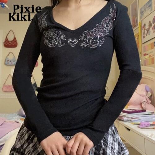 PixieKiki Love Wings Rhinestone Graphic T Shirts Fairy Grunge 90s Aesthetic Clothes Black Ribbed V Neck Long Sleeve Top P84BI16