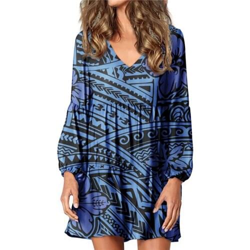Hycool Drop Shipping Polynesian Tribal Striped Navy Dress Sexy Large Size V-Neck Lantern Long Sleeves Dresses For Pregnant Women