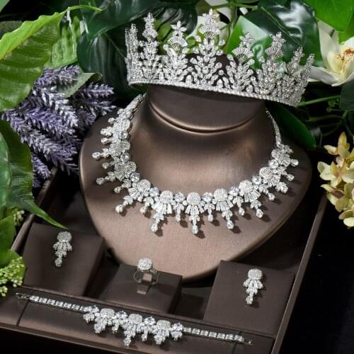 HIBRIDE Unique CZ Crystal Banquet Prom Necklace Earring African Jewelry Set Charm Leaf Design Bridal Hair Accessories N-1606