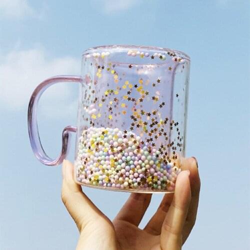 Korean Style Bright Starry Sky Laser Sparkling Double-layer Insulated Star Cup Childrens Milk Coffee Juice Glass