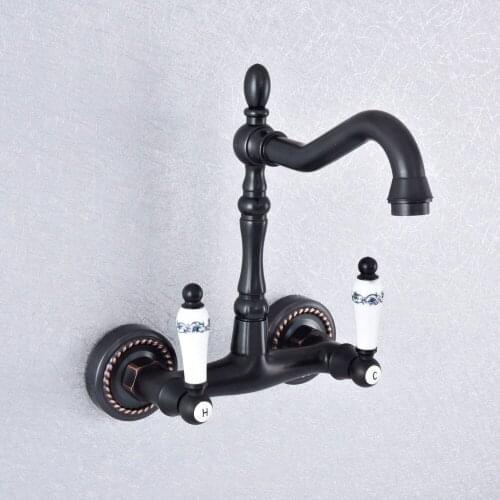 Kitchen Wet Bar Bathroom Vessel Sink Faucet Black Oil Rubbed Brass Wall Mounted Swivel Spout Mixer Tap Dual Ceramic Lever msf748