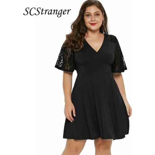 SCSTRONGER Summer Plus Size Solid Color Dress V Neck Short Sleeved Lace Large Swing Fashion Mini Skirt Платья Летние Лёгкие 2021