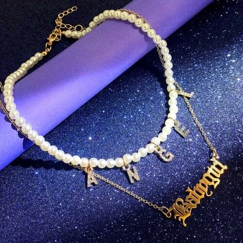 Multilayer Pearl Choker Necklace For Women Elegant Golden Crystal Angel Letter Clavicle Chain Necklaces Wedding Jewelry Gifts