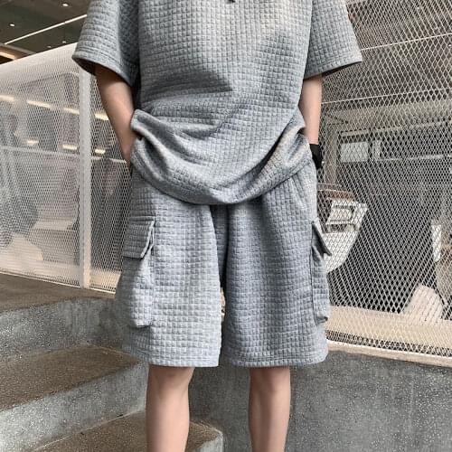 Geskeey Men Summer Cargo Set Two Piece Loose Tracksuit Short Sleeve Tee Oversized T-shirts Mens Sets Male Chic Casual Clothing