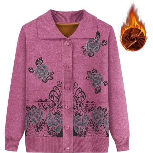 New Middle-aged Elderly Womens Sweaters Cardigan Fashion Knitted Sweater Single-breasted Winter Plush Thick Warm Jacket Casual