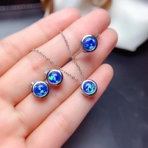 Natural blue opal gemstone necklace ring stud earrings and necklace jewelry set for women real 925 silver material party gift