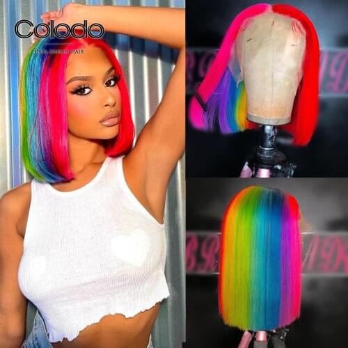 COLODO Pink Red Rainbow Bob Wig Short Ombre Human Hair Wigs Brazilian Remy Pre Plucked Lace Front Human Hair Wigs with Baby Hair