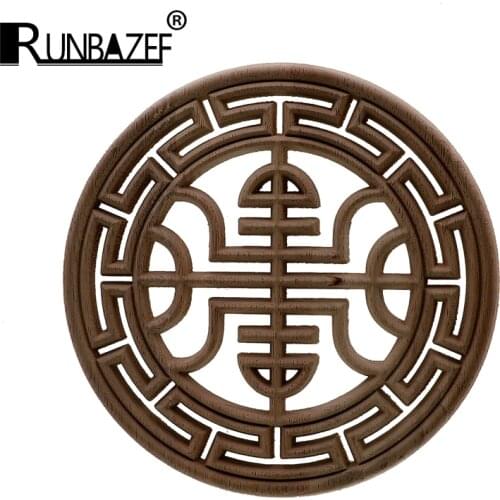 RUNBAZEF Chinese Wood Engraving Round Applique Frame Corner Unpainted Furniture Trim Door Home Decor Decoration Accessories