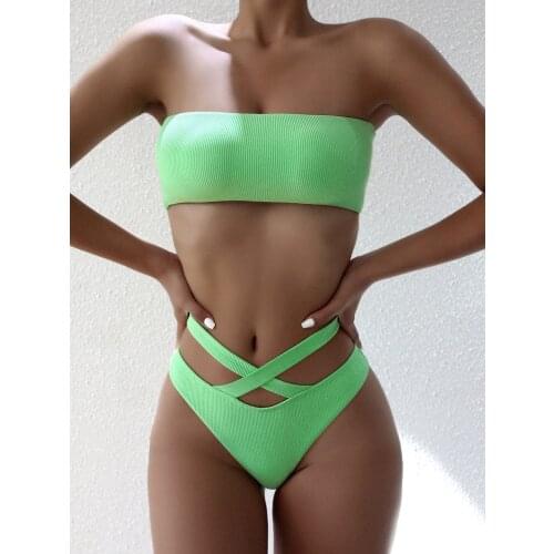 Sexy Bandeau Bikinis Women Push Up Band Swimwear Green Bandage High Waisted Thong Bathing Suit High Cut Beachwear Female Biquini