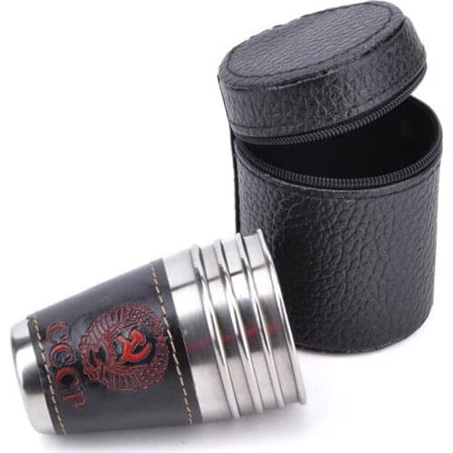 Travel Cutlery Set Stainless PU Leather Mugs Camping Tableware Steel Picnic Supplies Wine Beer Glass Whiskey Cups 4 pcs / 70 ml