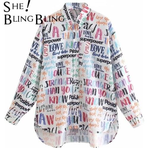 SheBlingBling Letter Text Print Women Casual Loose Shirts Summer Fashion Drop Shoulder Long Sleeve Blouses Female High Low Tops