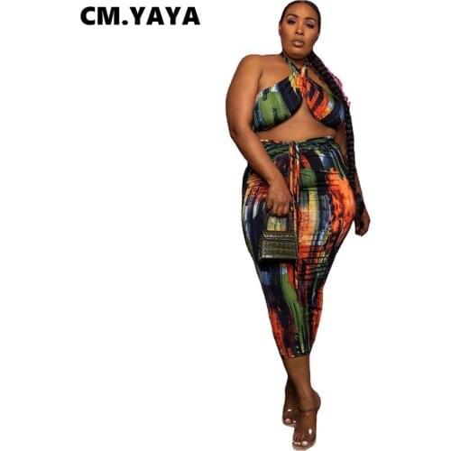 CM.YAYA Women Set Print Sleeveless Halter Crop Tops Shirring Skinny Skirts Two 2 Piece Sets Sexy Night Party Outfit Summer 2021