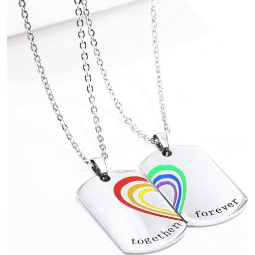 2pcs/Set Personalized Stainless Steel Geometry Best Friend Necklace Rainbow Heart Pandent BFF Necklaces