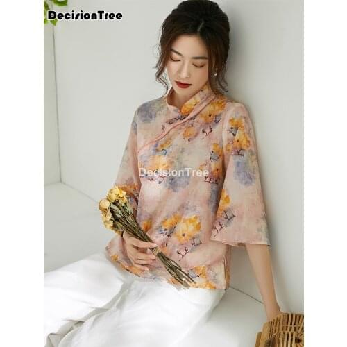 2021 floral print traditional qipao blouse women tang suit retro casual chinese style cheongsam top traditional chinese blouse