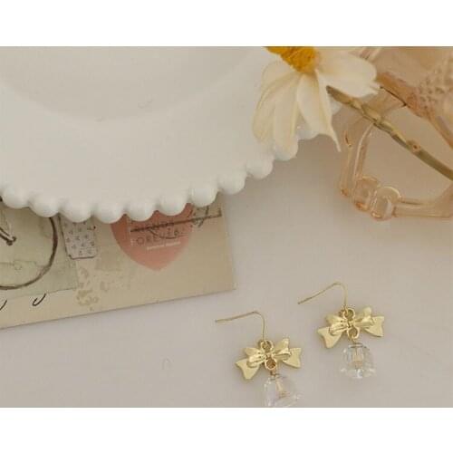 Summer French lady sweet bow crystal ear hooks Korean temperament lady gentle wind ear clip jewelry female fashion jewelry