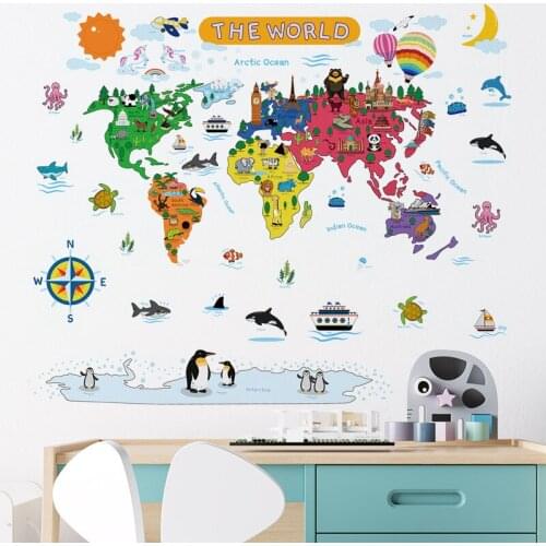 Cartoon Animals Map Seven Continents Wall Stickers for Kids Room Bedroom Decoration Kindergarten Layout Removable Wallpaper
