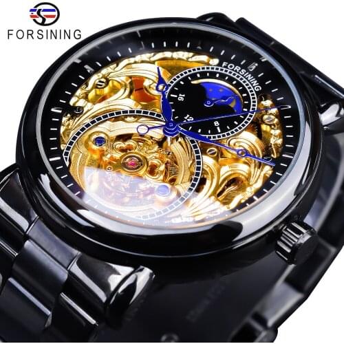 Forsining Classic Black Golden Clock Black Stainless Steel Fashion Blue Hands Design Mens Automatic Watches Horloges Mannen