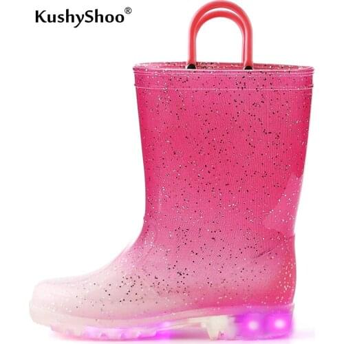 KushyShoo Toddler Boy Rain Boots with Light Kids Shining Shoes Girl PVC Rain Shoes Led Gradient Pink Bling Kids Shoes