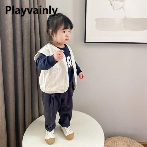 2021 Korean Style New Autumn Boys Girls Vest White Blue Denim Sleeveless Pocket V-neck Casual Waistcoats Kids Clothes E2222