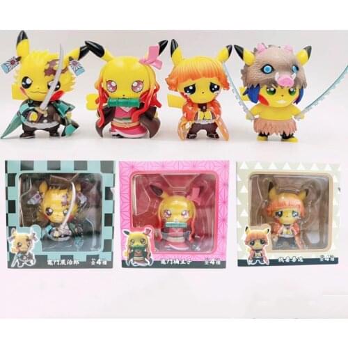 Pokemon Pikachu Cosplay Demon Slayer Action Figures Nezuko Tanjirou Zenitsu Inosuke Cute Toys Doll Pocket Monster Anime Figurine