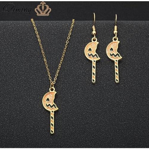 QIMING Gothi Sams Lollipop Earrings Halloween Jewelry Set For Women Baby Pumpkin Pendant Necklace Party Gift