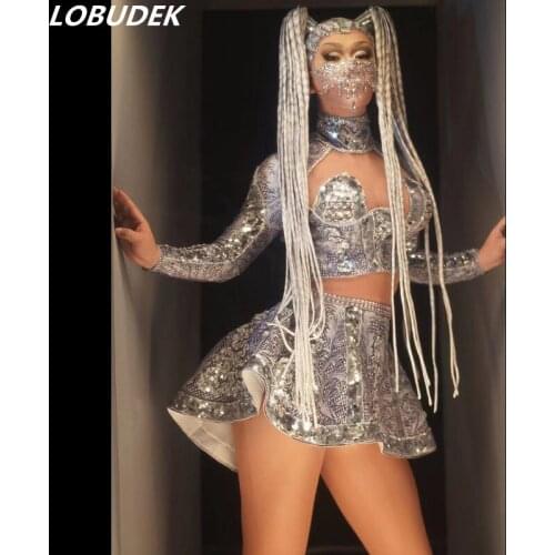 Sexy Bar Nightclub Women Dance Costume Vintage Print Silver Sequins Hollow Tops Short Skirt 2-Piece Outfit Set Singer Stage Wear
