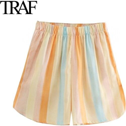 TRAF Women Fashion Striped Home Shorts Summer 2021 Female Vintage Side Pockets Elastic High Waist Wide Leg Booty Shorts