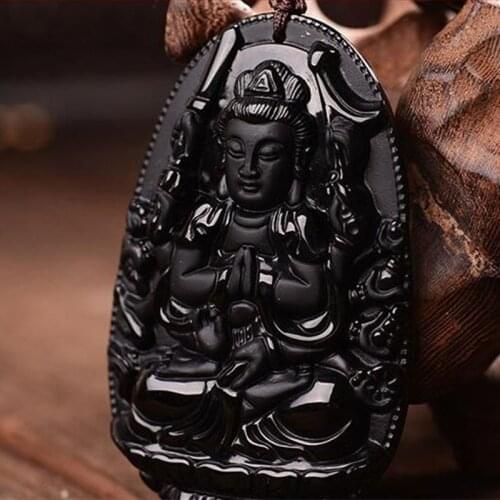 Fine Jewelry Natural Obsidian Carved Qianshouguanyin Pendants&Necklaces Lucky Amulet Blessing Women Men Gift