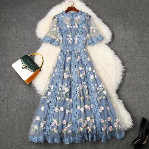 Womens European and American clothing 2021 summer new style With short sleeves Gauze flower embroidery Fashionable dress