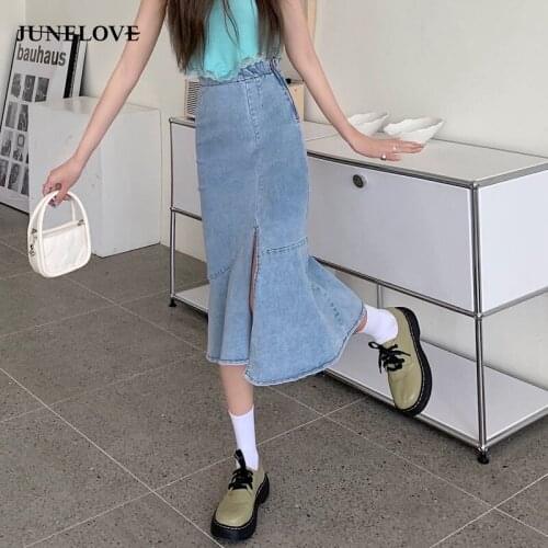 Elegant Ruffles Split Denim Skirt Women Summer High Waist Party Midi Sweet Skirt Female A-Line Beach Outing Bodycon Casual Skirt