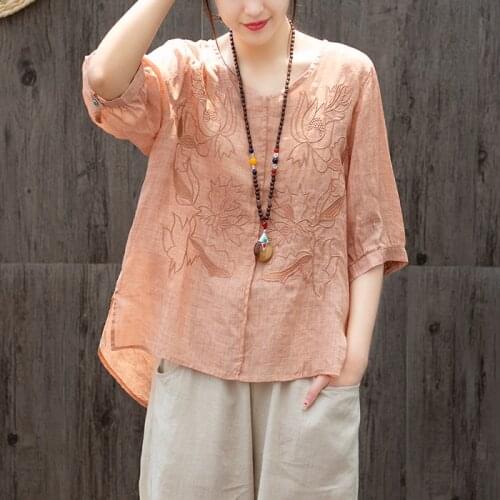 2020 Summer Spring Womens V Neck Blue Orange Purple Embroidery Loose Linen Top Shirt , Casual Short Sleeve Blouse for Woman
